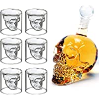 MVPower Botella de Vidrio con Forma de Calavera- 700 ml con 6 Vasos de Chupito de 75 ml Ideal para Whisky- Vodka o Vino…